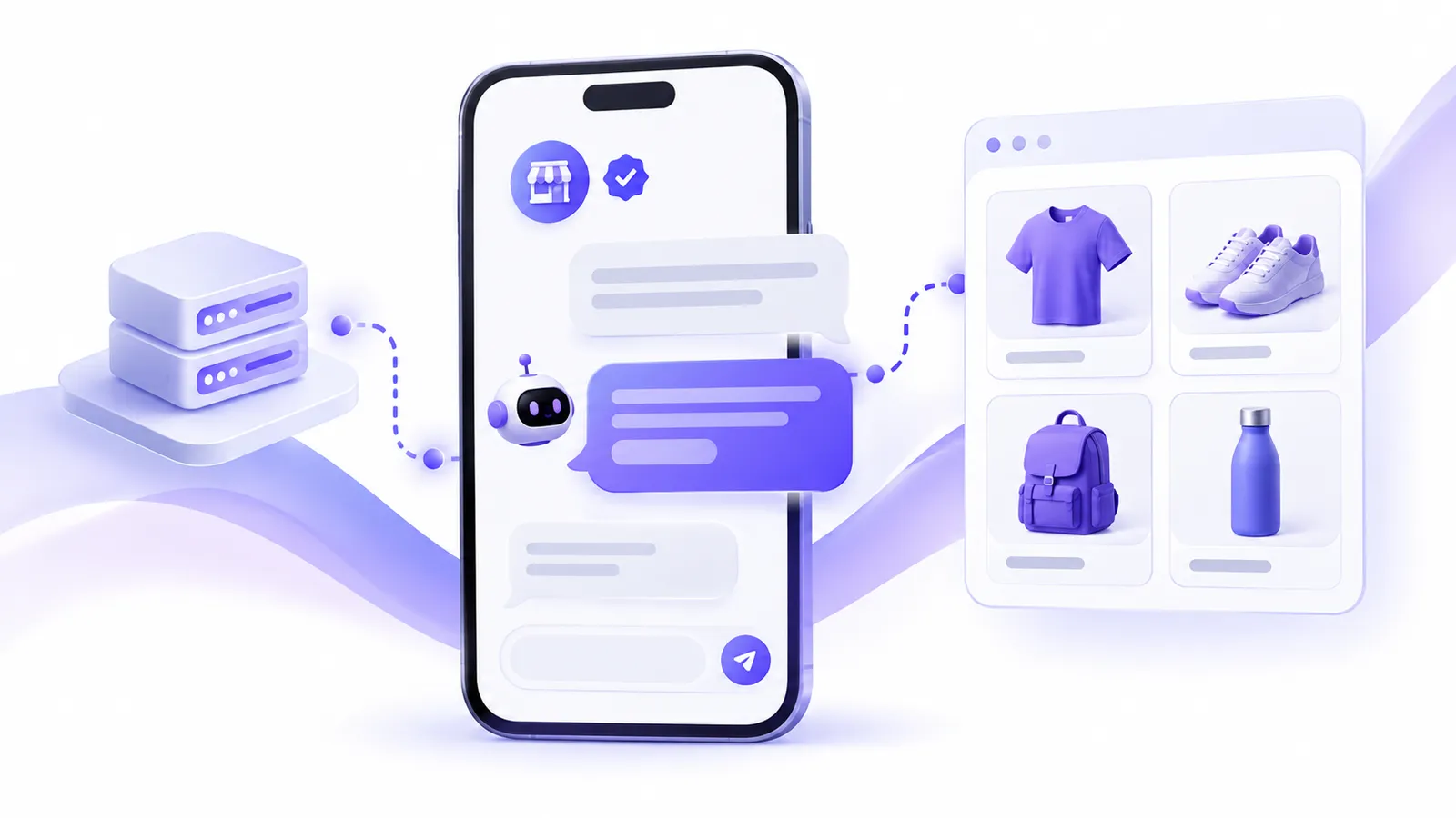 WhatsApp Business API automation on a phone showing a verified business chat, catalogue and automated replies