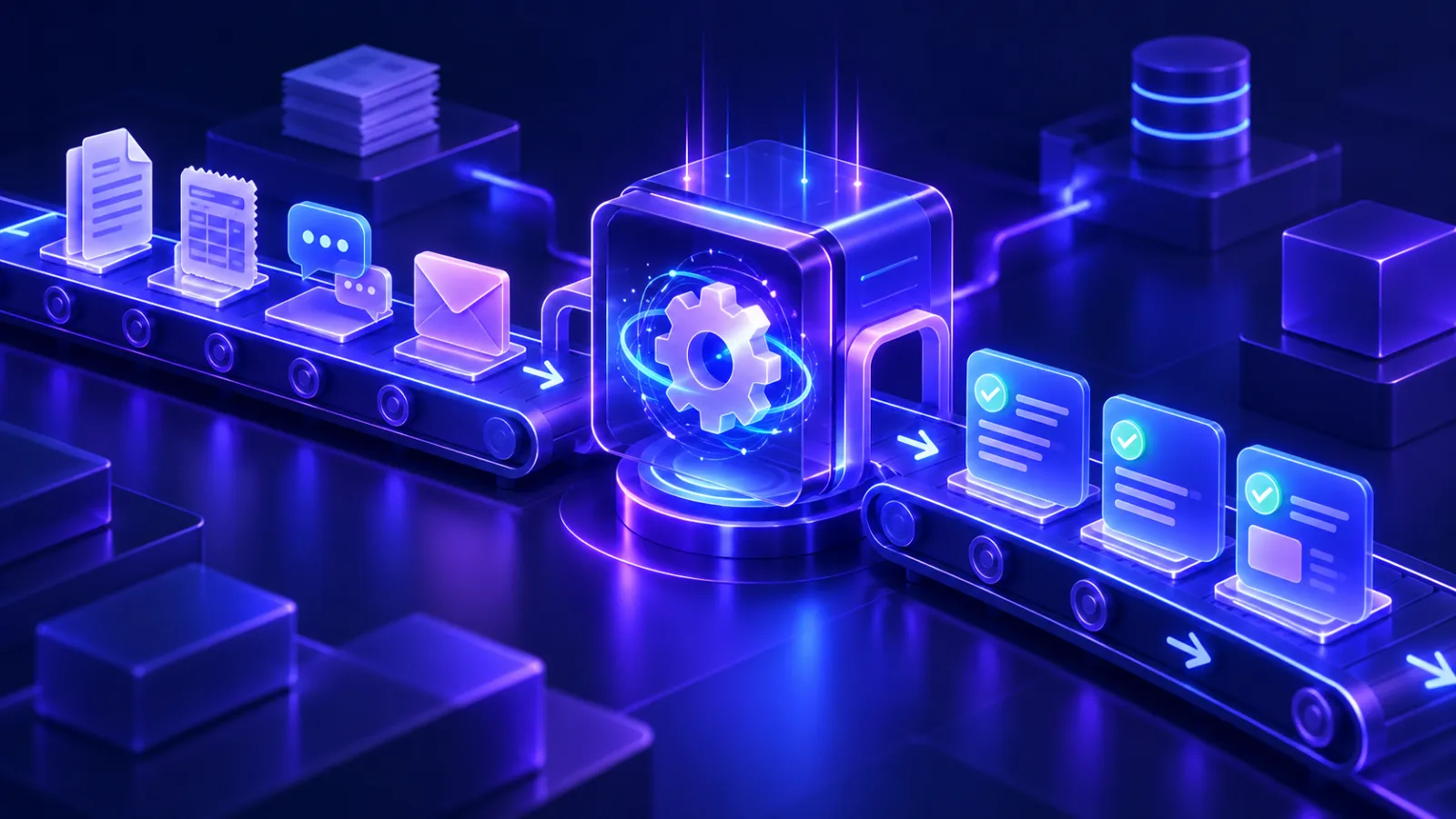 Automation pipeline where documents and messages pass through an AI engine and become completed tasks