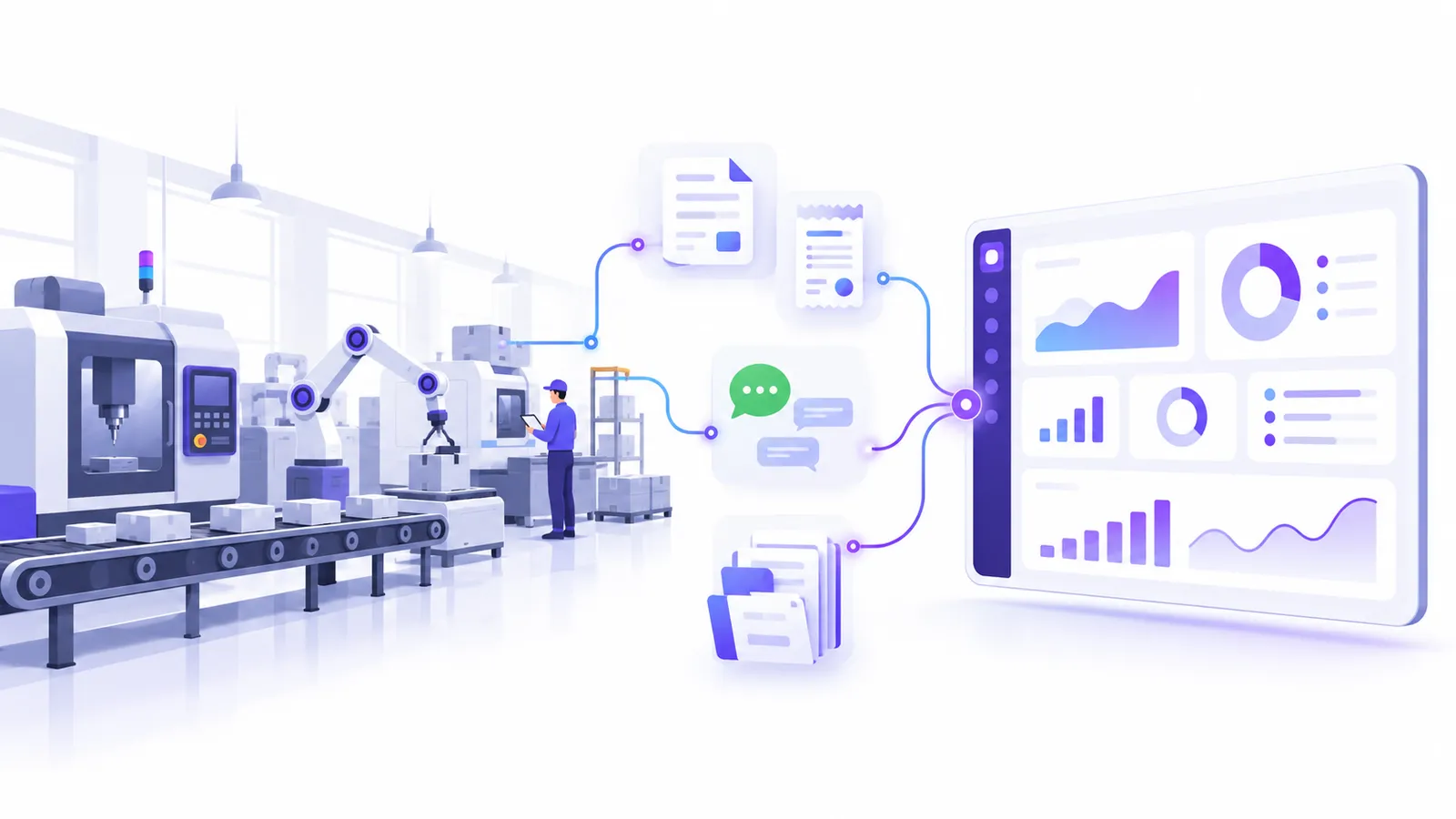 Illustration of AI implementation in a manufacturing business, connecting invoices, inventory and production reports