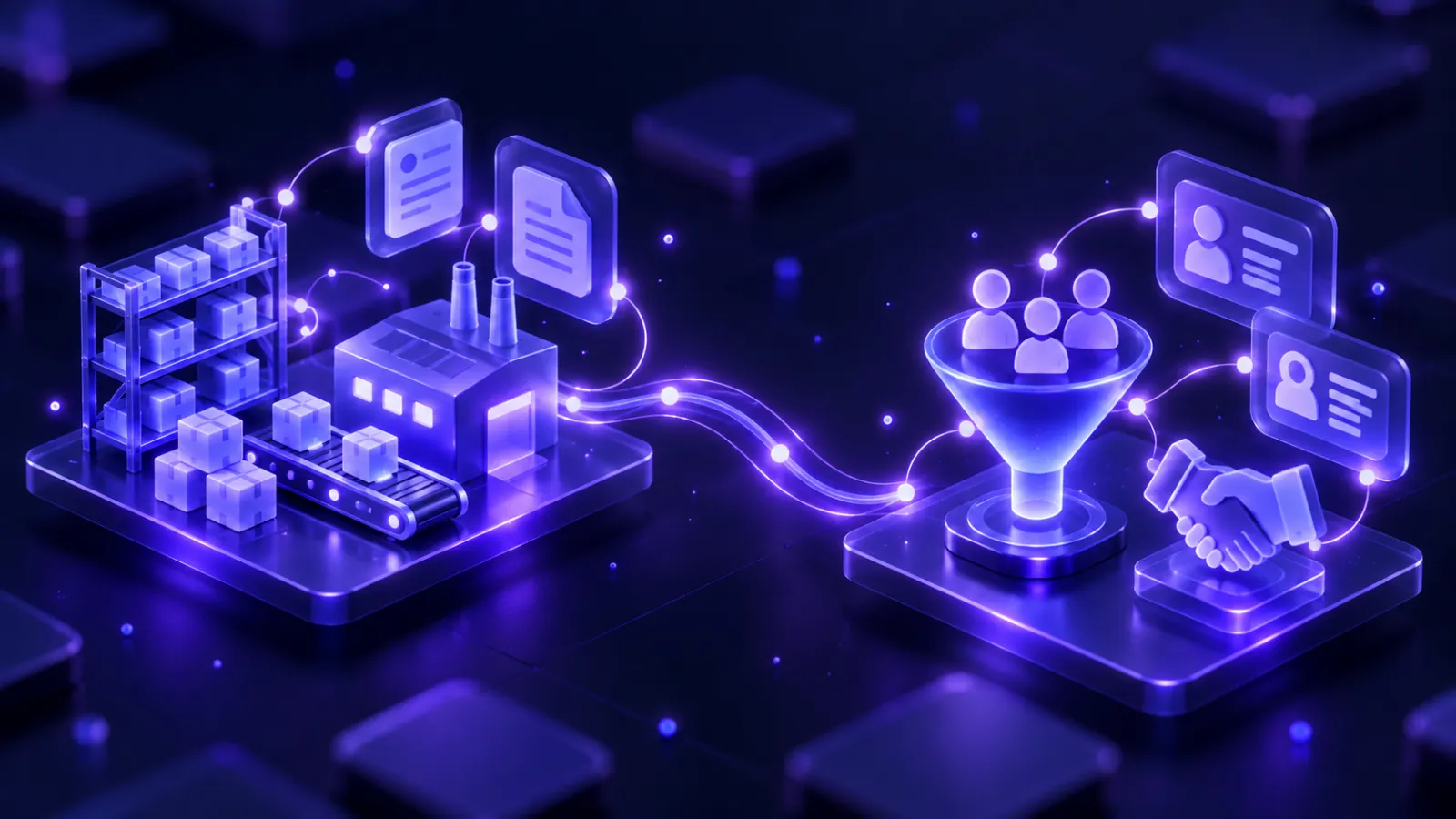Two connected platforms: operations with warehouse and factory on one side, sales with customers and a funnel on the other