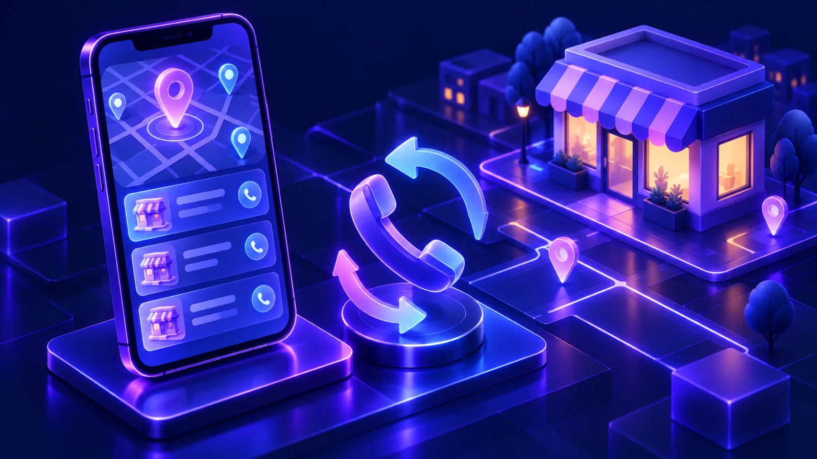 Smartphone showing a business map listing with a phone icon and sync arrows beside a storefront