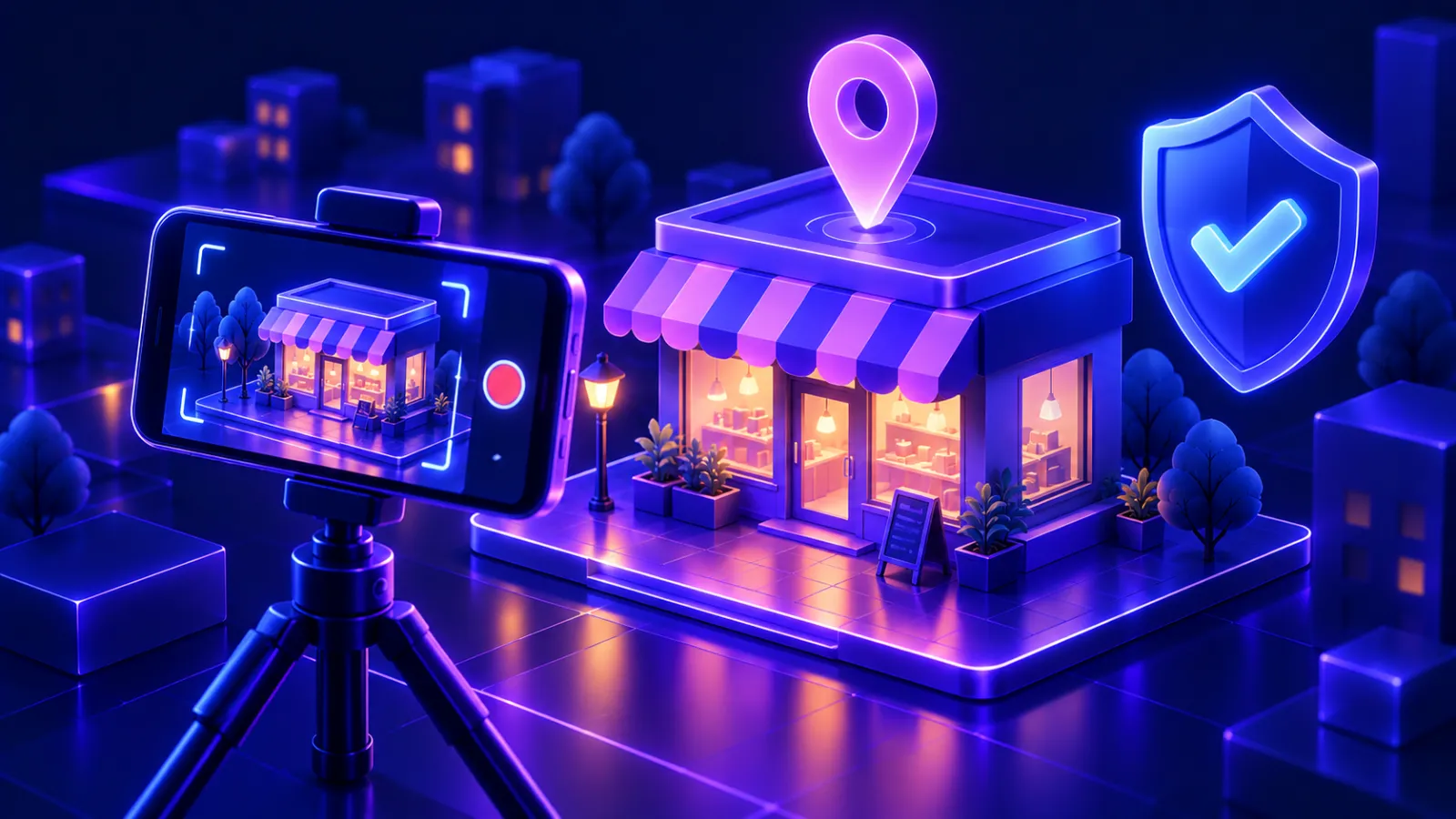 Phone on a tripod recording a verification video of a storefront with a location pin and verified shield