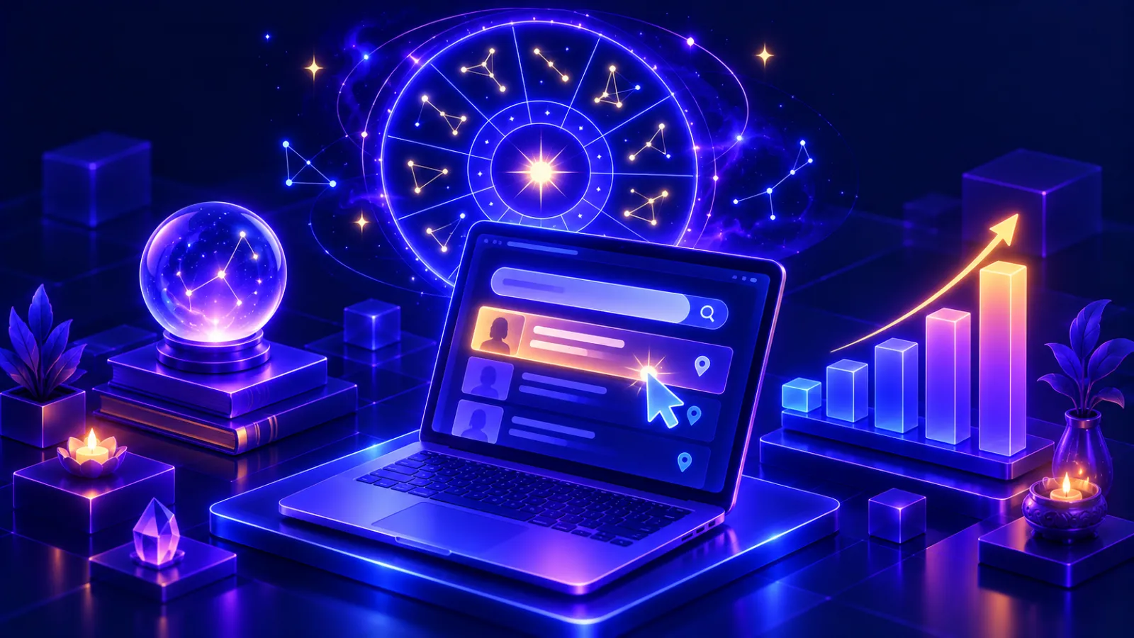 Zodiac wheel of constellations above a laptop showing search ads, a cursor click and a growth chart