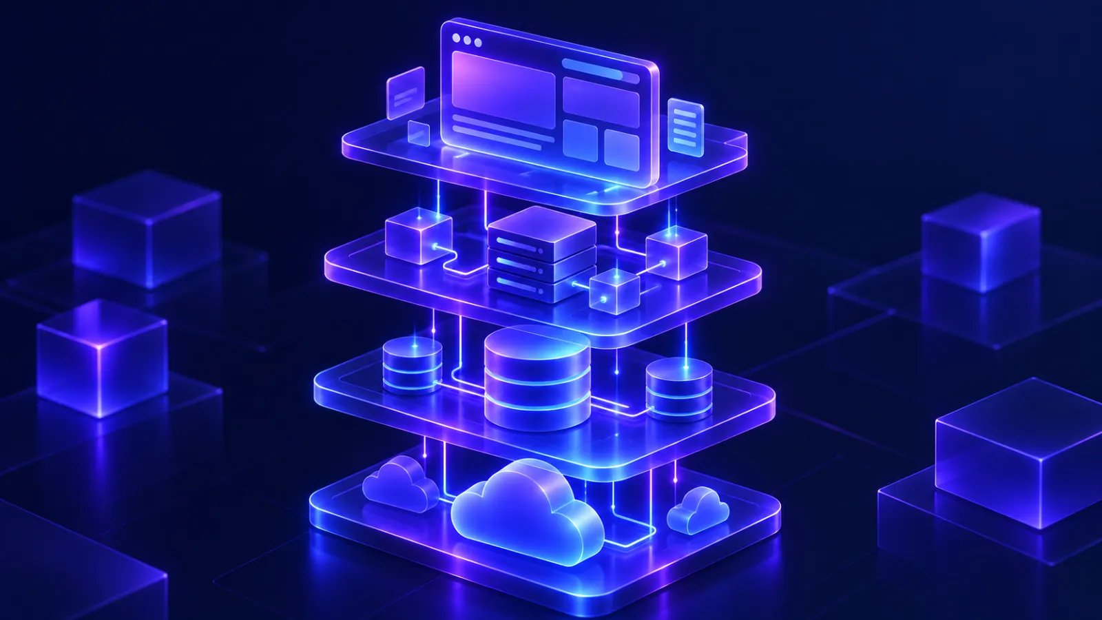 Layered SaaS technology stack: user interface, API servers, database and cloud infrastructure