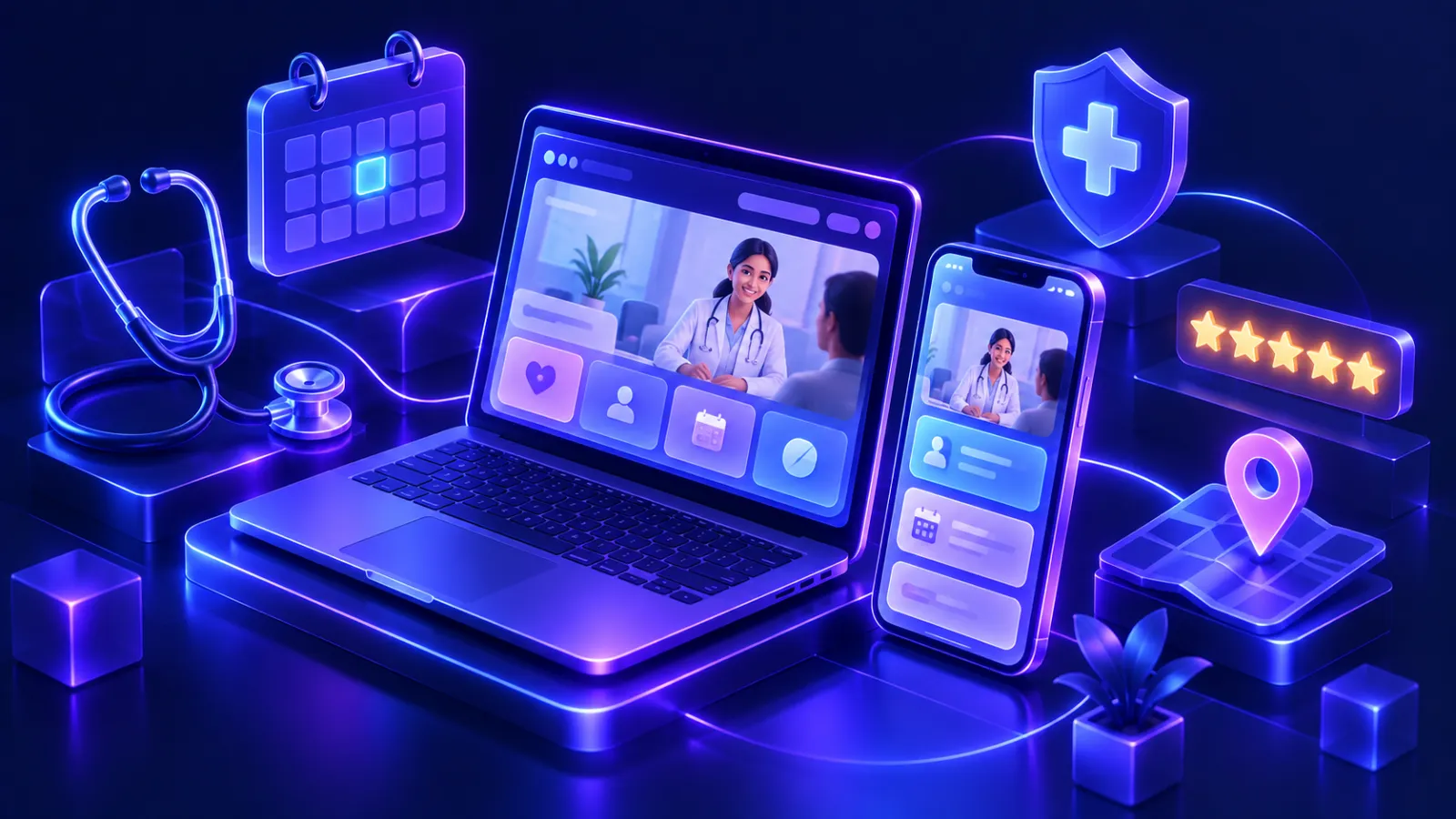 Doctor clinic website on a laptop and phone with appointment calendar, stethoscope, reviews and map pin