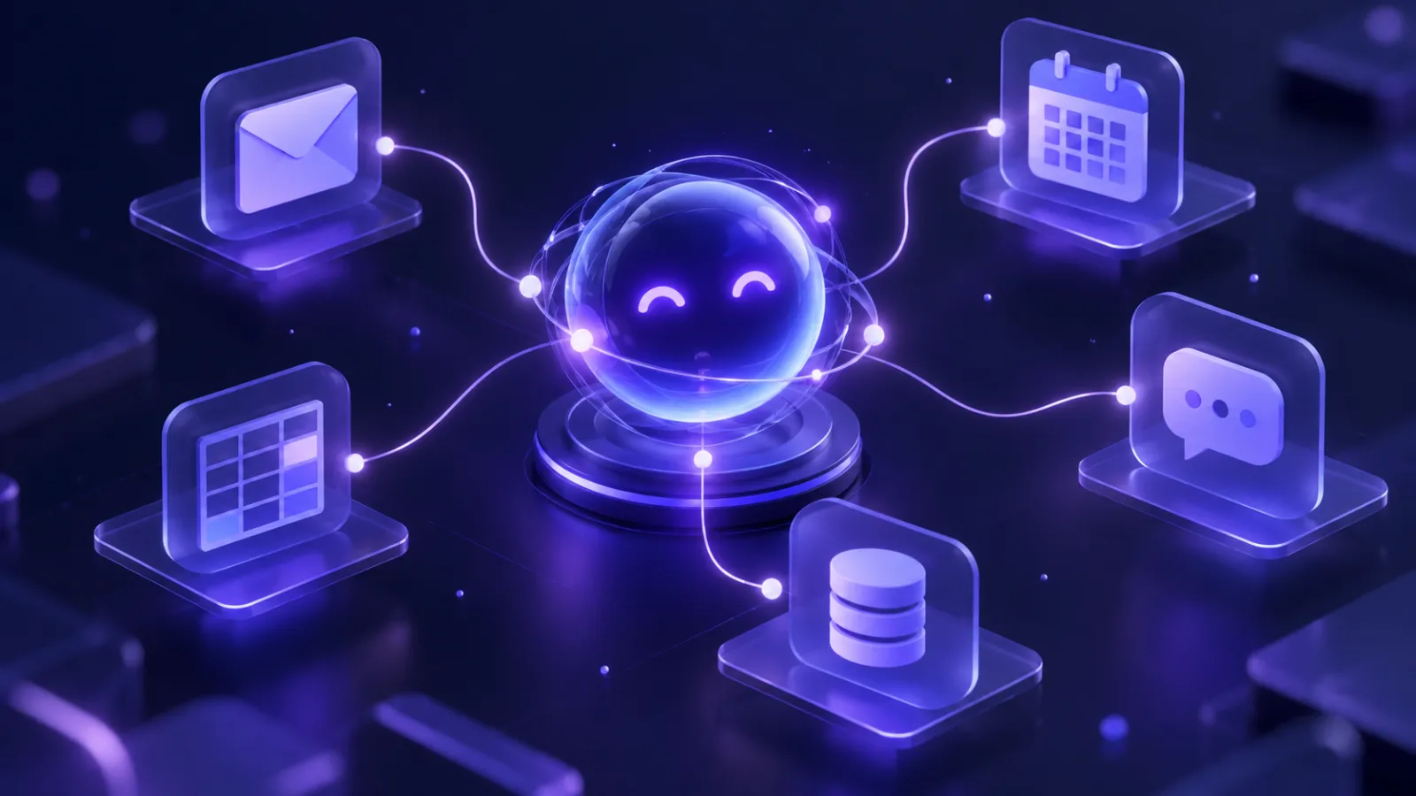 Illustration of an AI agent core connected to email, calendar, chat, spreadsheet and database apps